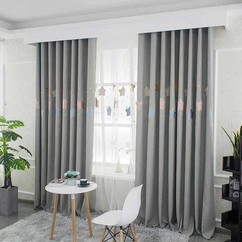 Занавески с мультяшными звездами для детской спальни серые затемняющие шторы