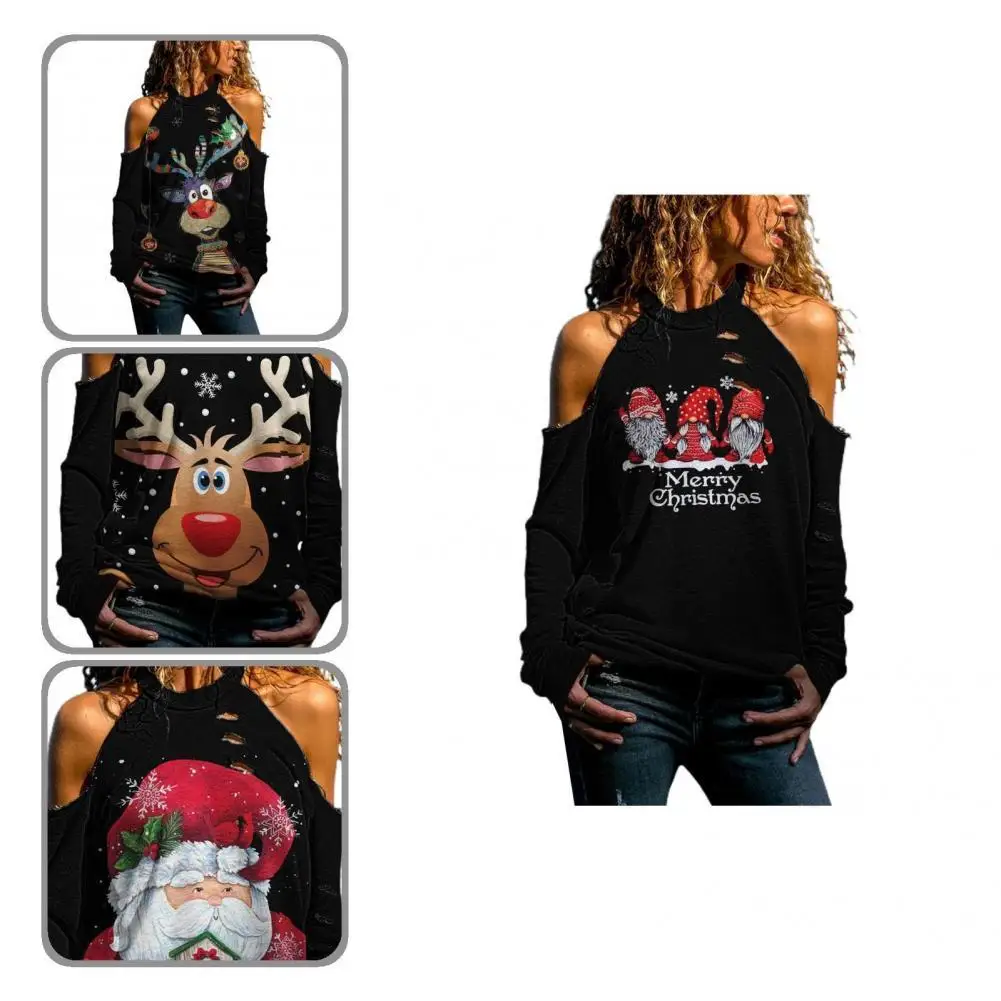

Top Trendy Santa Claus Print Christmas Blouse Lightweight Women Blouse Long Sleeve for Daily Wear