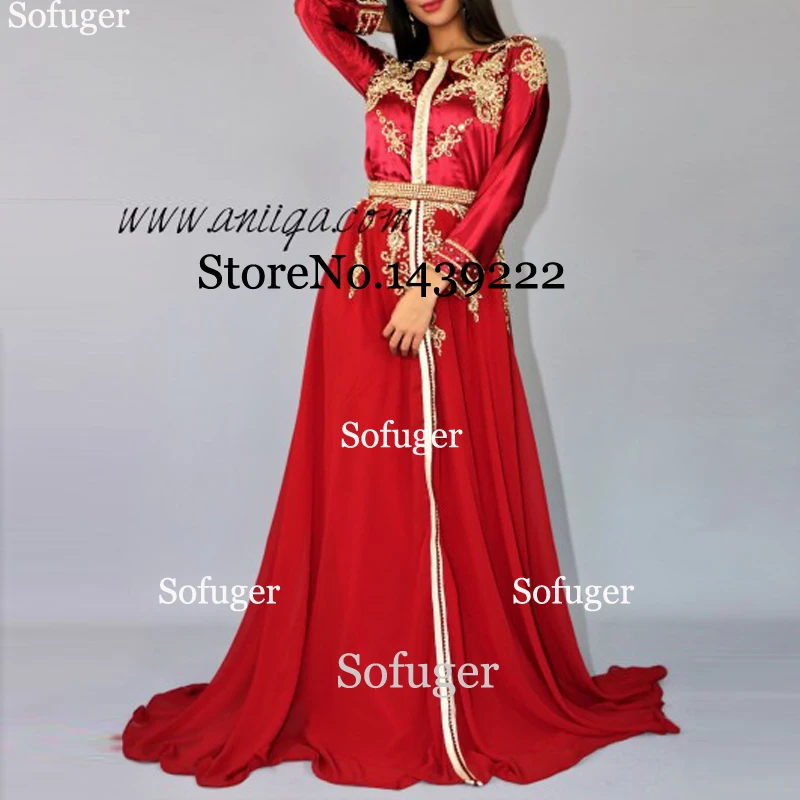

Red Chiffon Evening Dresses Tradition Moroccan Kaftan Algerien Flowers Appliques Mother Dress Arabic Prom Special Occasion