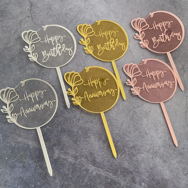 

Acrylic Insert Card Happy Birthday Anniversary Cake Card Toppers Baking Decoration Wedding Anniversary Gold Silver Party Supplie
