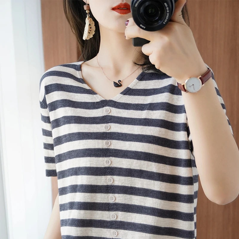

T-shirt women 2021 new style pure cotton striped knitted ladies tops casual pullover sweater short sleeve tops tees