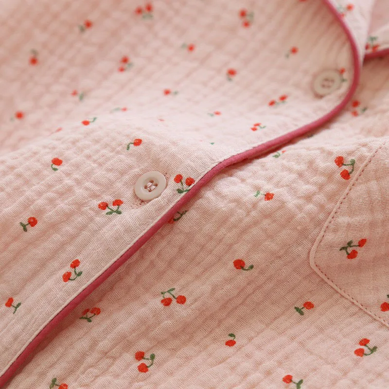 Spring And Autumn New Women Pajamas Set Comfort Gauze Cottom Thin Loose Turn-Down Collar Sleepwear Ladies Casual Wear Homewear