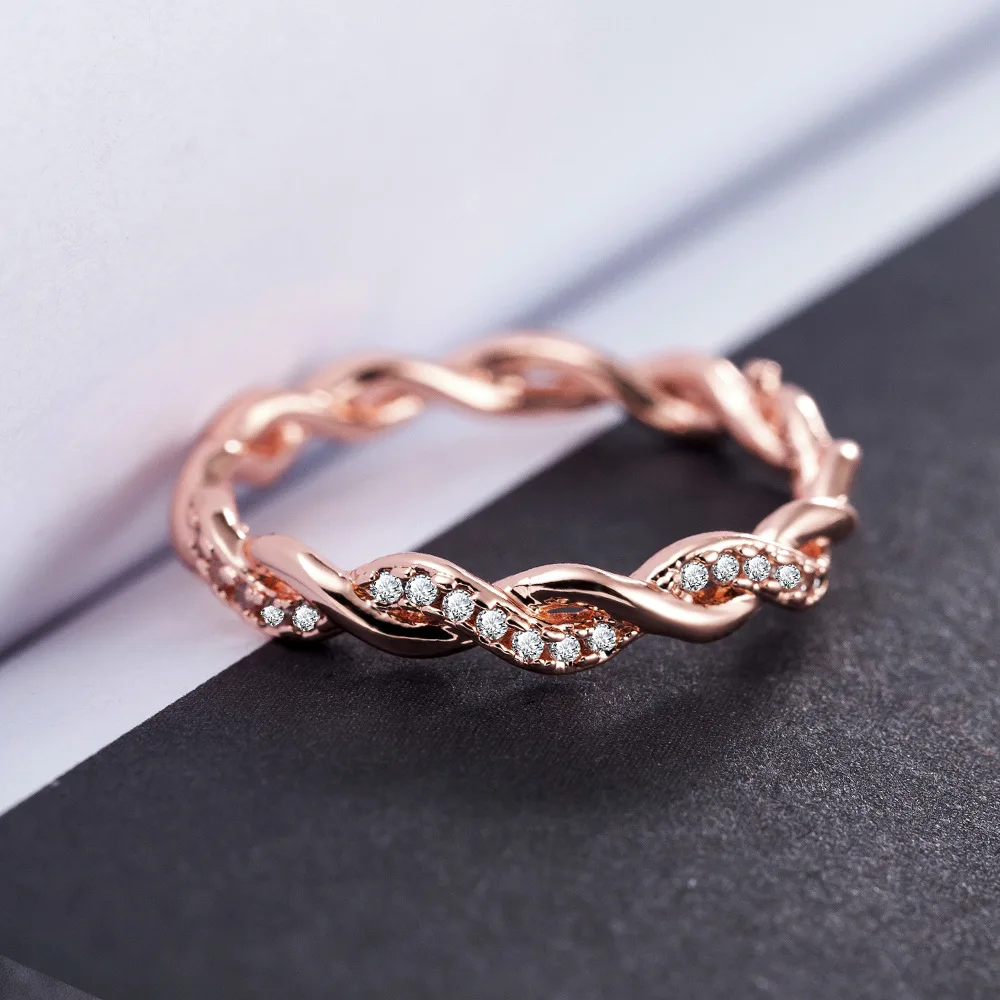 AMORUI Ladies Simple Cross Twisted Zircon Wave Engagement Ring Rose Gold/Gold Thin Finger Crystal Wedding Rings for Women Gift | Украшения