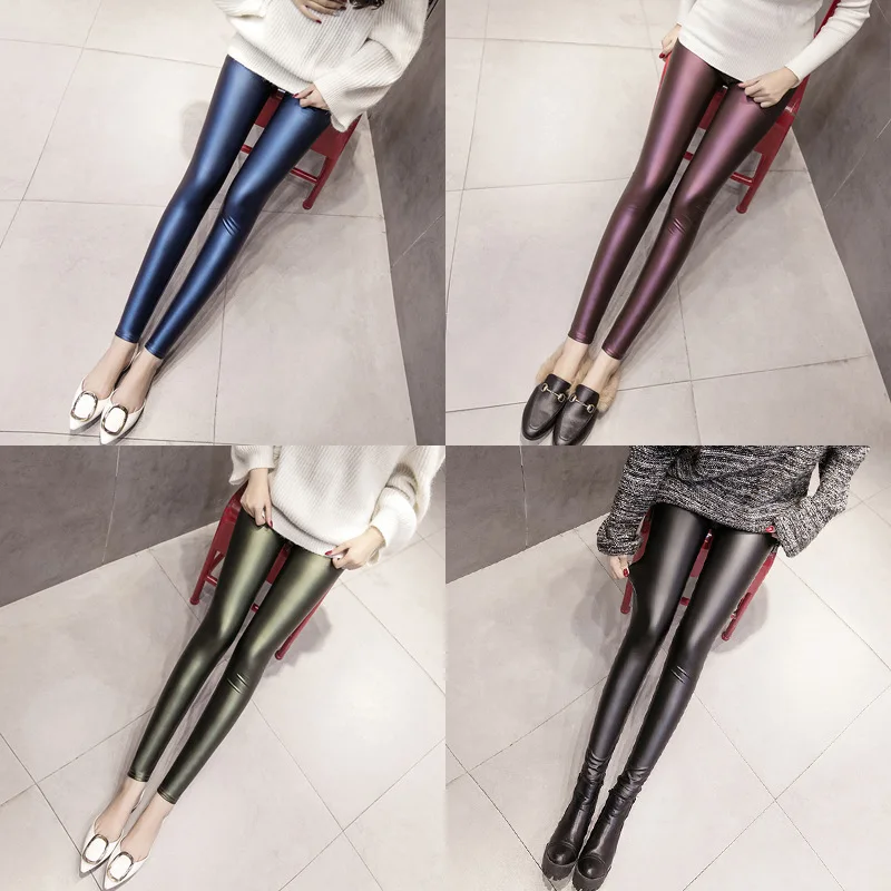 

QRWR Pants Women 2020 Autumn Winter Korean High Waist PU Faux Leather Skinny Pants Casual Solid Color Pencil Leggins Women Pants