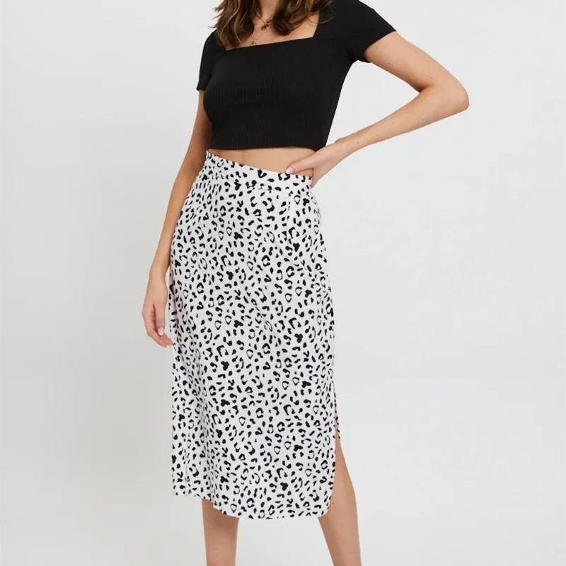 

Womens Summer High Waist Leopard Print Chiffon Midi Long Skirt Sexy Side Split Zipper Casual Slim Fit A-Line Beach Party Streetw