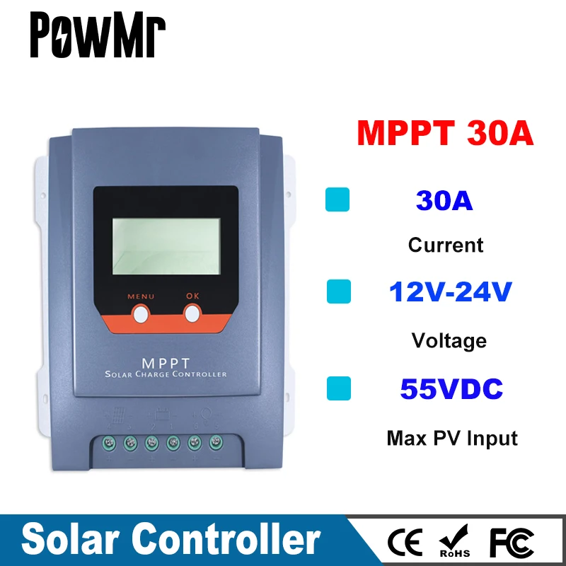 

Контроллер заряда солнечной батареи MPPT, 30 А, 12 В, 24 В, с ЖК-дисплеем и функцией статистики энергии в реальном времени, для жидких и гелевых акк...