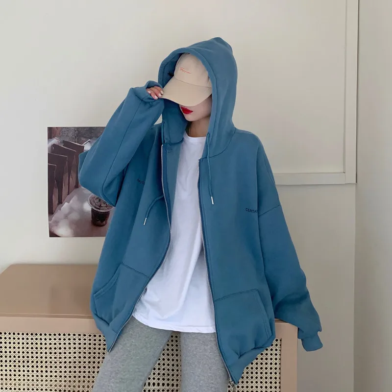 

Korean Style Loose All-Match Casual Women Baseball Uniform Jacket Spring Autumn New Fashion Solid Color Letter Print Hooded Coat