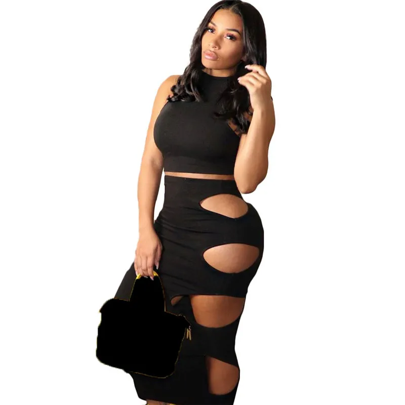 

YEYA Nightclub Asymmetrical 2 Piece Sets Sleeveless O Neck Tanks Top + Sexy Hole Hollow Out Skinny Skirts Party Casual Suits