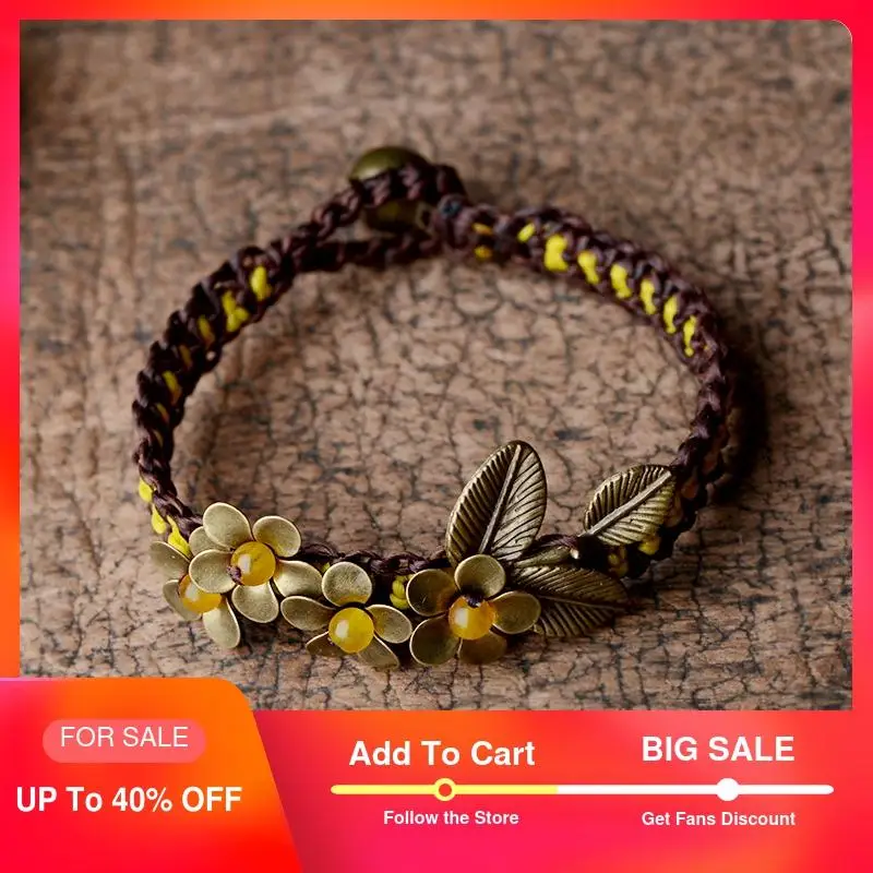 Женский этнический браслет с шармами медными цветами и желтыми камнями