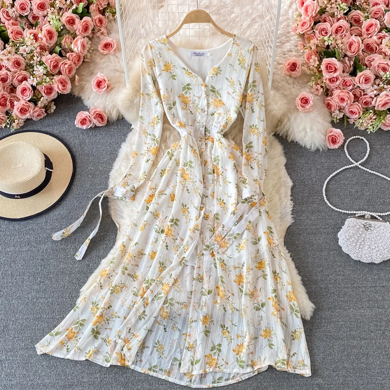 Aibeautyer New Summer A Line V Neck Chiffon Lady Full Dress Casual Floral Print Button Single Breasted Women Dresses aibeautyer new 2021 spring summer vintage solid a line dress v neck single breasted puff sleeve mid calf women dresses
