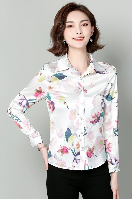 

New Silk Long Sleeve Blouse Lapel Printing Summer Tops Thin Comfortable Fashion Casual Shirt 2021 Houthion