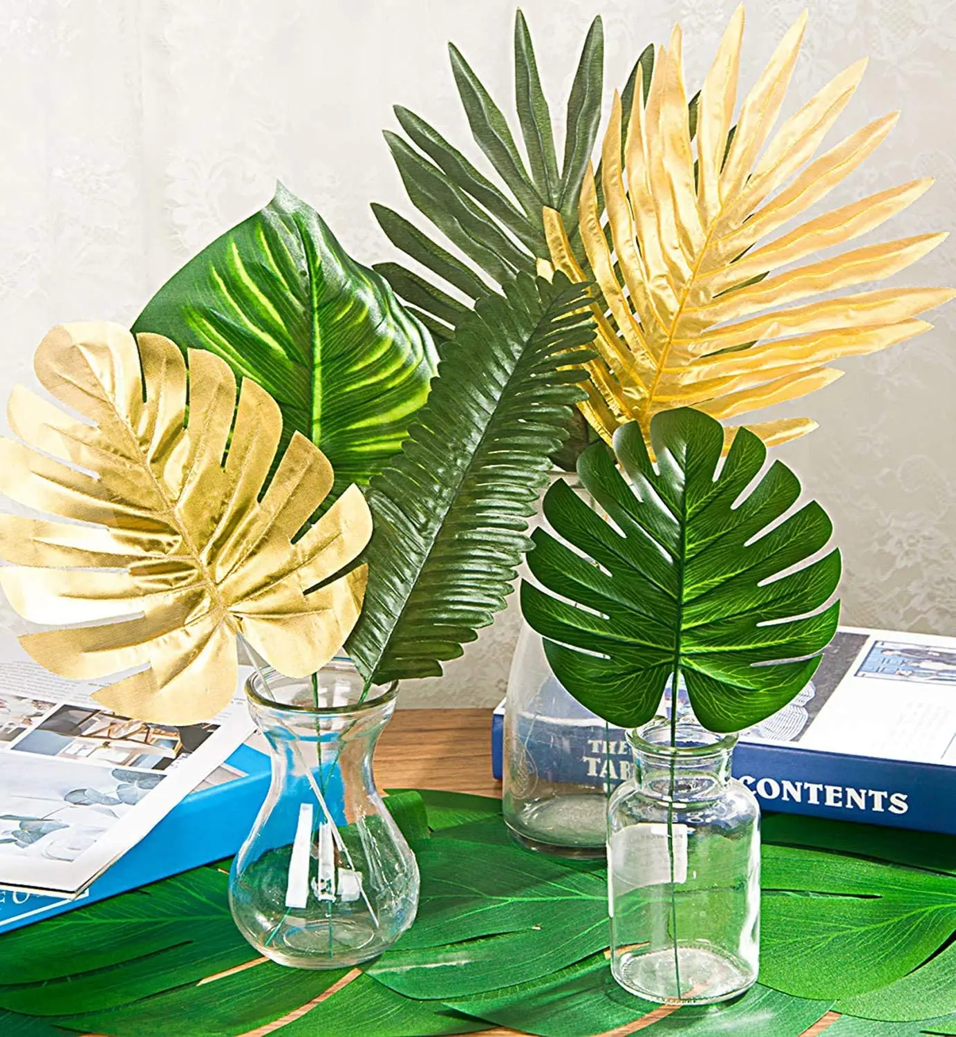 

60pcs Green Tropical Leaf Gold Artificial Plants Palm Fake Leaves Wedding Decorations Christmas Wreath Wall Decor Party Birthday
