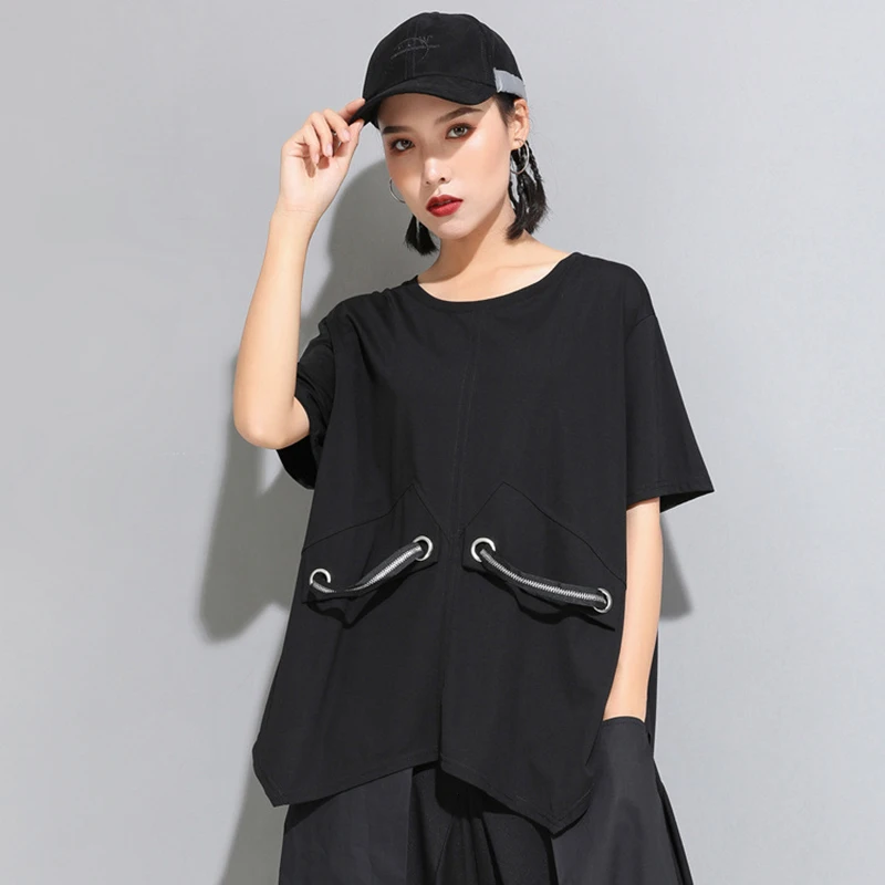 [EAM] New Spring Summer Round Neck Half Sleeve Black Loose Split Joint Big Size T-shirt Women Fashion Tide JW890 JW890