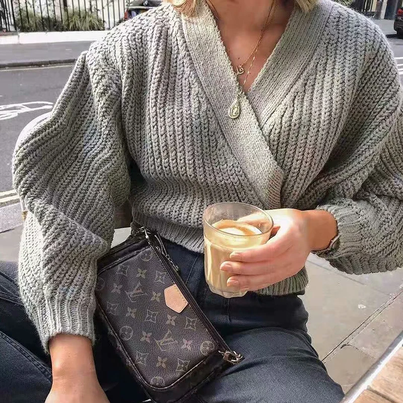 Винтажный Женский вязаный серый свитер 2020 Модный женский элегантный короткий