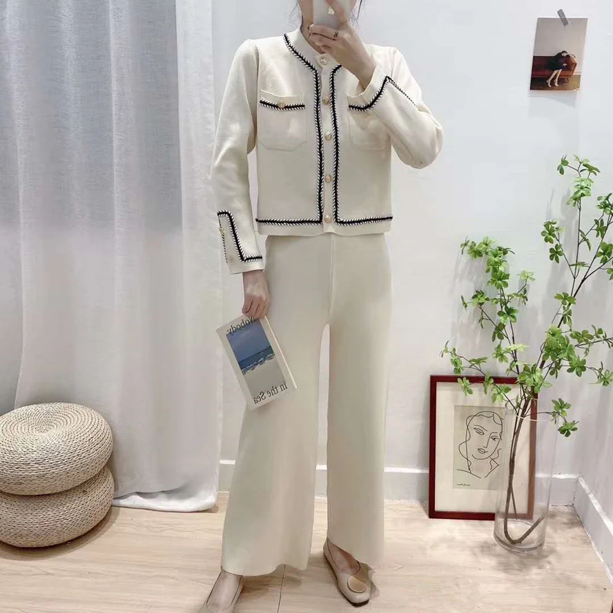 

Женский трикотажный Костюм-двойка, Кардиган с длинным рукавом и брюки с широкими штанинами, осень