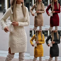 casual ladies solid color long sleeved high neck split tight dress ladies elegant autumn and winter knitted sweater dress