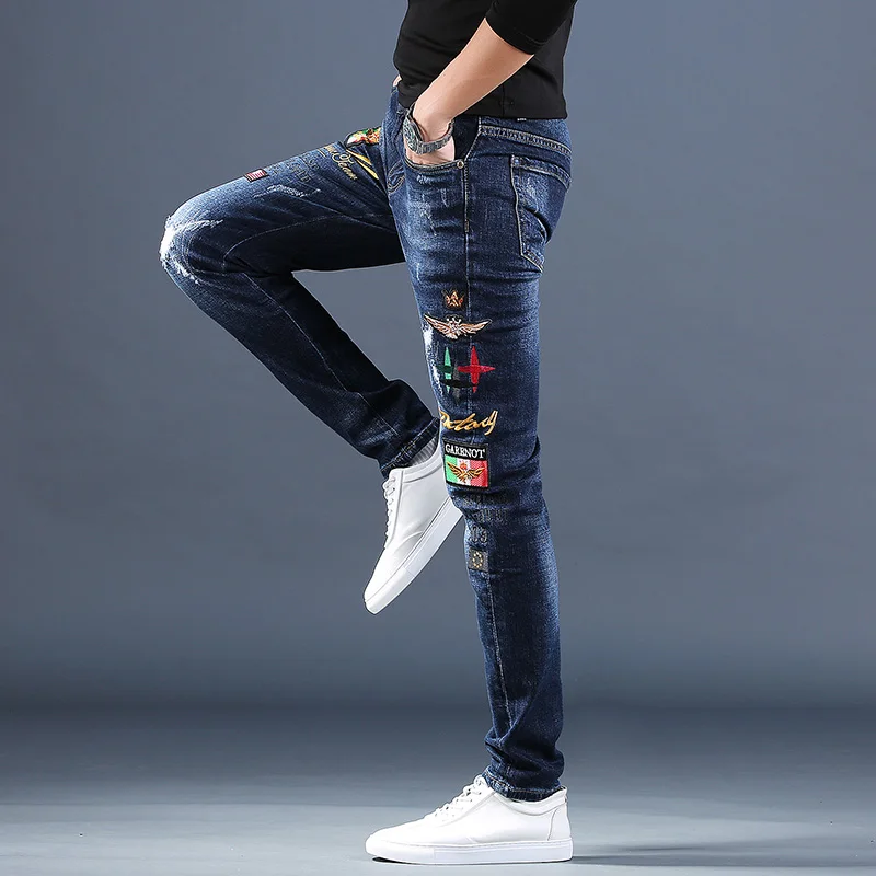 Men Embroidered Ripped Jeans Fashion Stretch Straight Slim Fit Pants Casual Streetwear Distressed Blue Denim Trousers