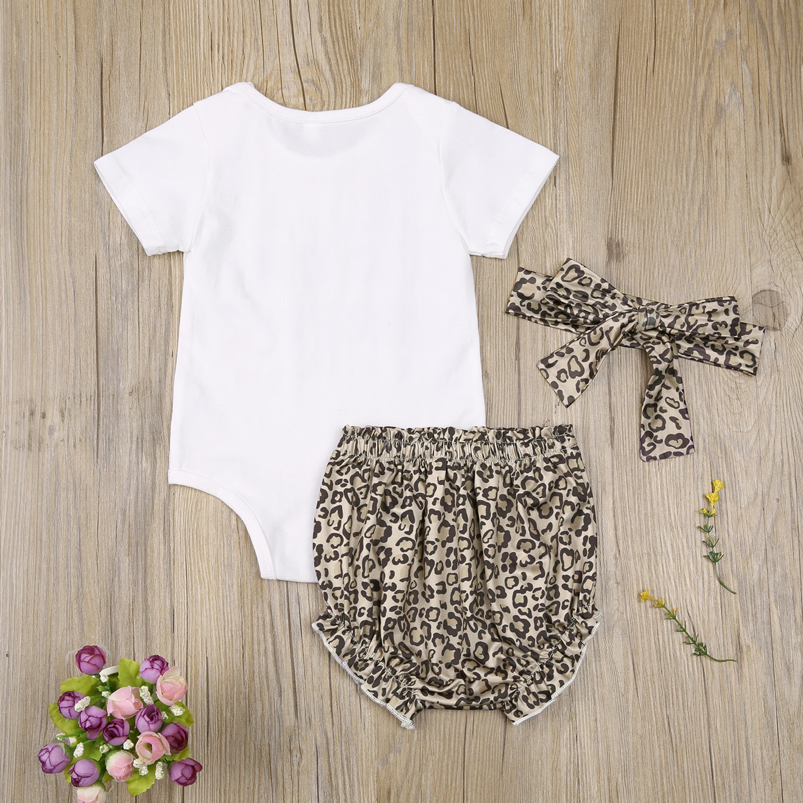 

Pudcoco 2021 Summer 0-24M Baby Girl 3Pcs Set LOVE YOU FOREVER Heart Letter Print Short Sleeve Bodysuit+Leopard Shorts+Headband