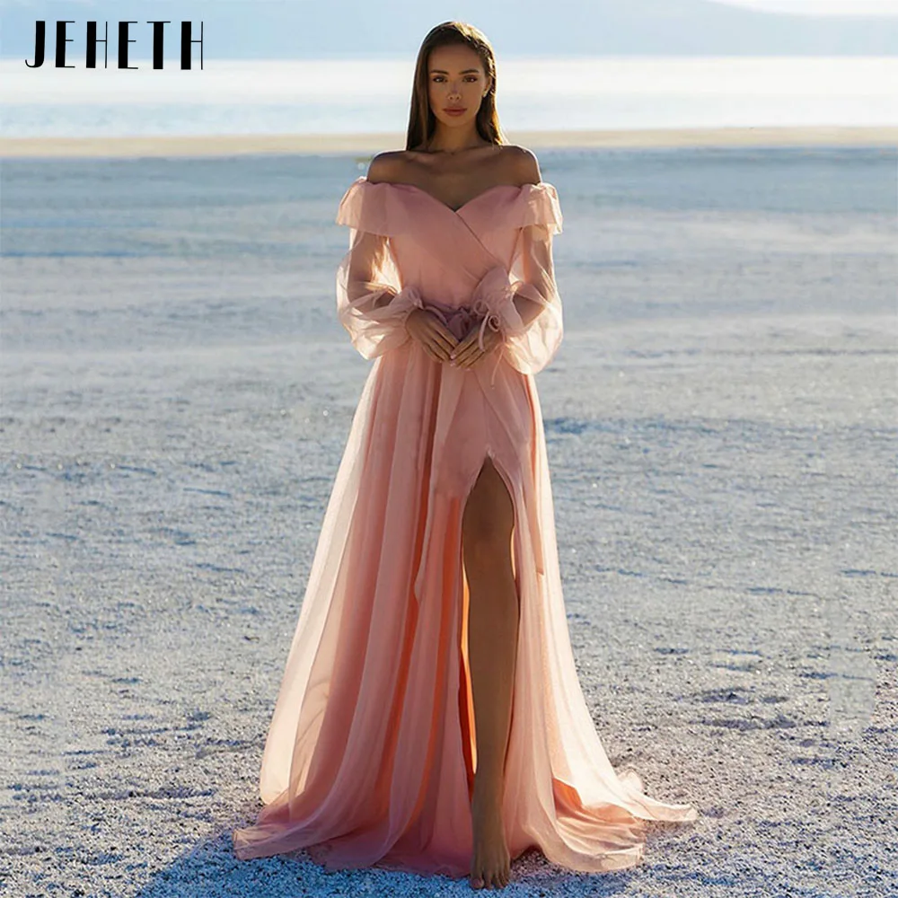 

JEHETH Pink Off Shoulder Sweetheart Tulle Prom Dress Elegant Puffy Sleeves High Slit Evening Party Gown with Bow robes de soirée