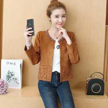 Женская укороченная куртка с жемчугом Женские однотонные куртки длинным рукавом