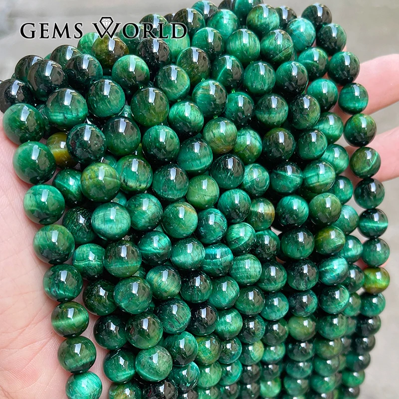 

1A Quality Green Tiger Eyes Stone Round Loose Gemstones Spacer Beads for Bracelet Necklace 4 6 8 10 12MM Pick Size 15"
