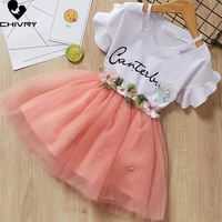 two piece girls clothing sets summer 2022 baby girls letter print short sleeve t shirts with pleated skirt kids clothes suit