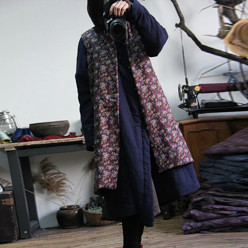 Женский однобортный жилет Johnature свободный хлопковый с цветочным принтом без