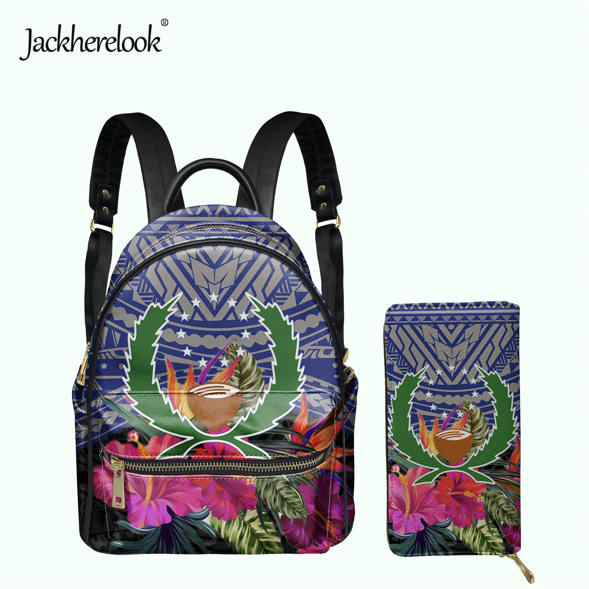 

Jackherelook Women Bag Pohnpei Hibiscus Polynesian Pattern Women's Backpack Card Holder Wallet Set Girls Small Schoolbag Mochila