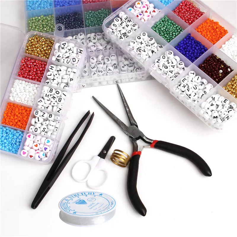 

DIY Handmade Glass Rice Beads Kit Round Alphabet Letter Beads Box Sets Beading Cord Jewelry Making Bracelet Accessries Kit Set