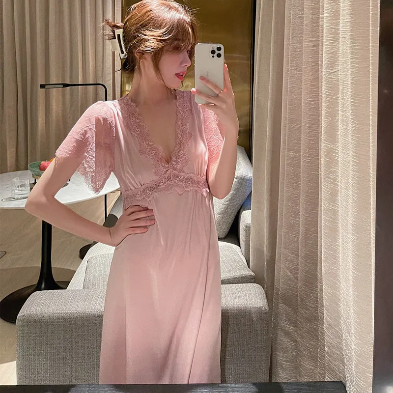 

Long Sweet and Elegant Temperament V-neck Lace Trim Short-sleeved Ice Silk Satin Long Nightdress Ladies Cute Homewear Sleepwear