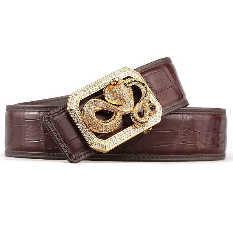 cobra brown McParko Crocodile Belt Mens Leather Belts With Buckle Luxury Animal Design Genuine Leather Waist Belt with rhinestones Buckle - Цвет: cobra brown
