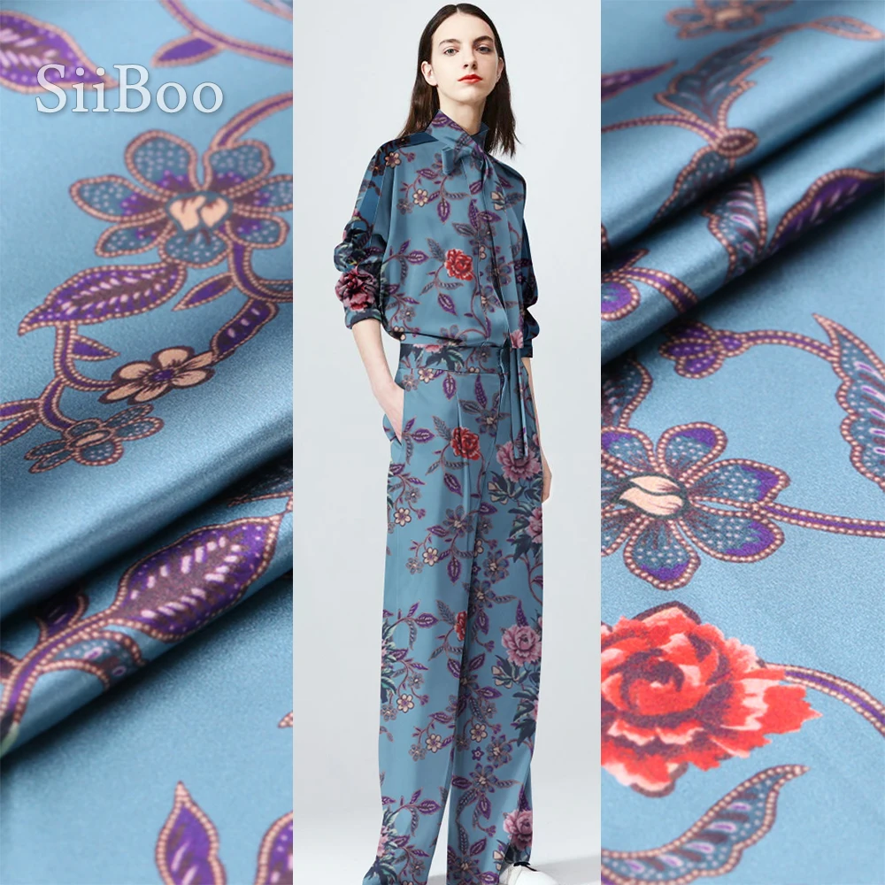 Европейская шелковая ткань с цветочным принтом синяя тяжелая 19 мм из спандекса
