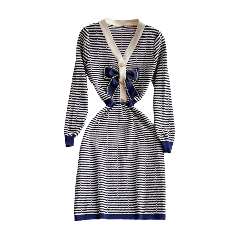 

WIGADFHK 2021 Autumn And Winter Dress Waist Fashion Temperament Bow A-line Long Sleeve Stretch Slim Knitted Dress