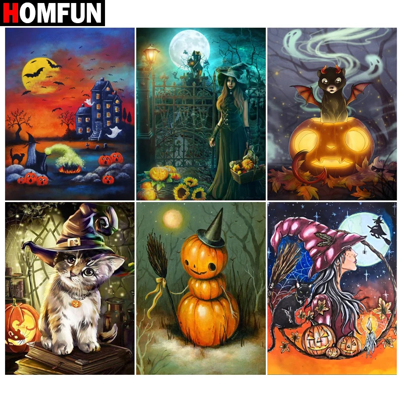 HOMFUN полная Алмазная вышивка Хэллоуин ведьма Кот алмазная живопись крестиком