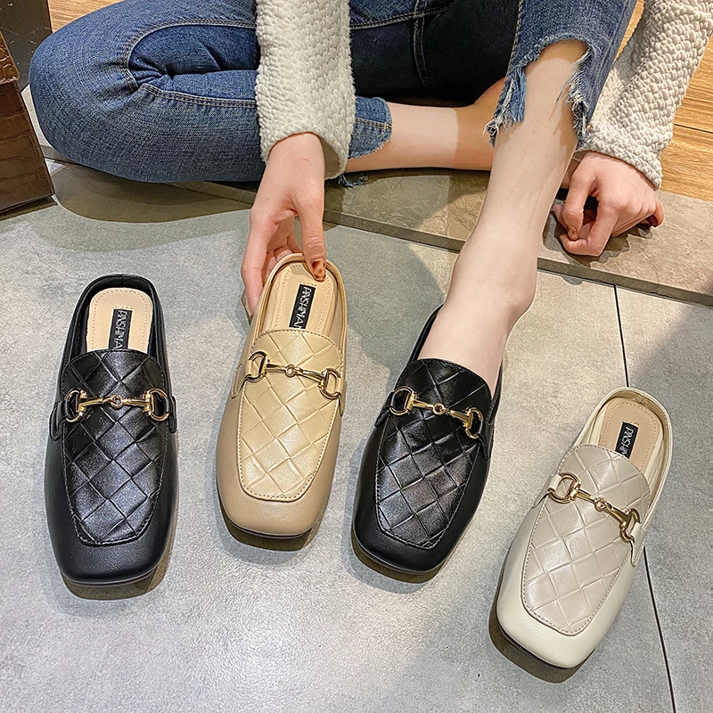 

Crrcrrcrr Elegant Leather Shoes for Women Sandals Chain All-match Shallow Mature Sexy Outside Indoor Plaid Breathable Slippers