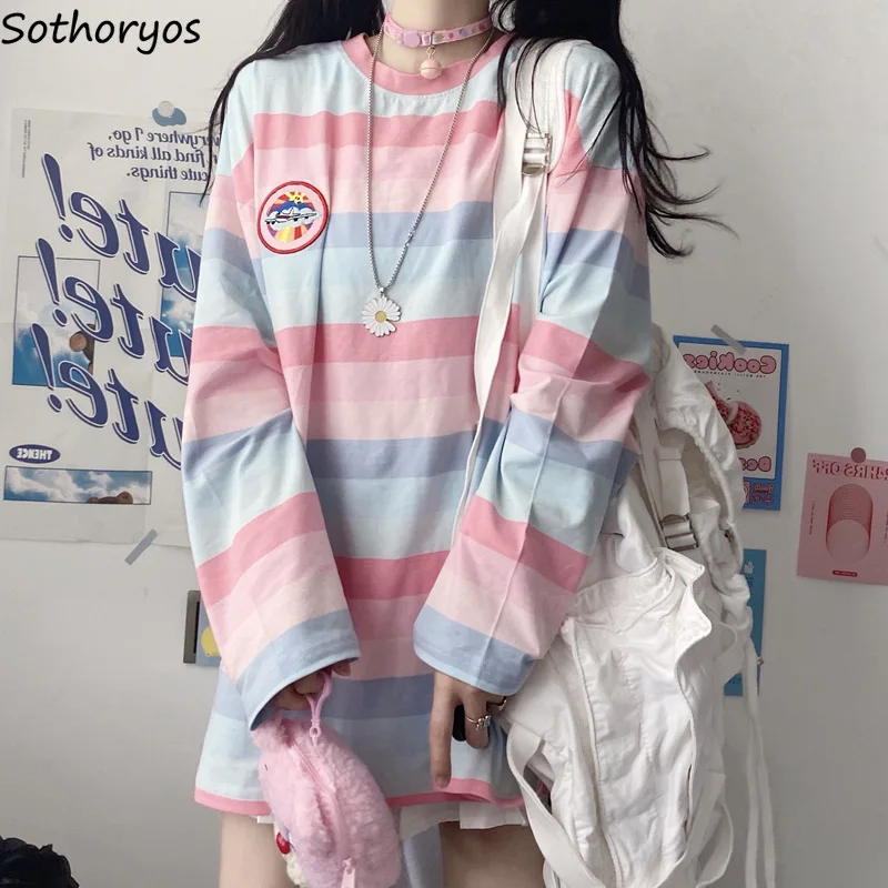 Футболка женская с длинными рукавами радужной расцветки милый Свободный