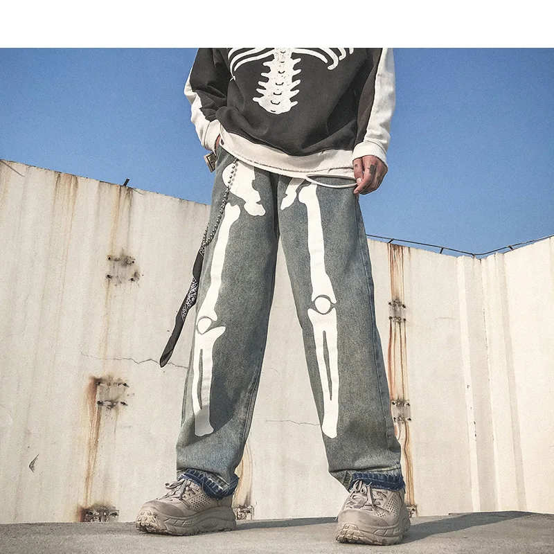 

2021New Men Skeleton Oversized Black Jeans Pants Denim Mens Streetwear Hip Hop Harem Pants High Wasit Denim Pants Overalls