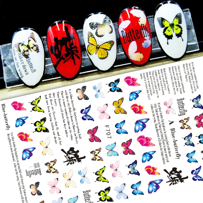 

3D Nail Sticker Decals Self-adhesive Stickers for Nails Colorful Butterfly English Stickers for Manicure Nail Art Decoration