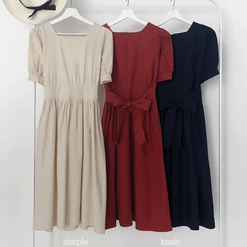 Женское платье из хлопка и льна однотонное во французском стиле с завышенной