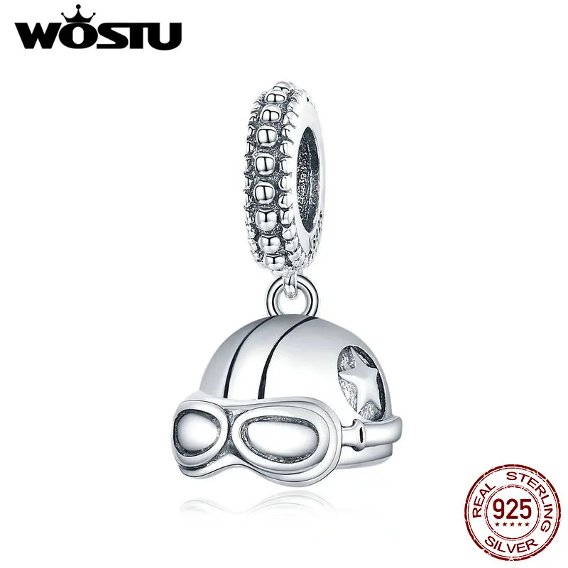 WOSTU 100% 925 стерлингового серебра бисера Ретро шлем очарование кулон в форме