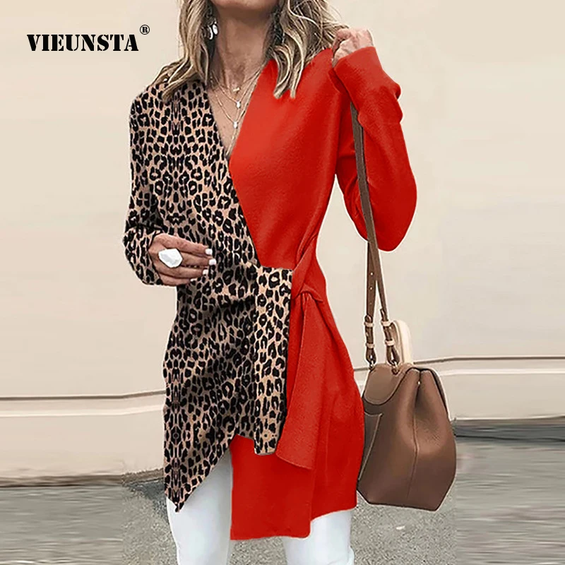 

VIEUNSTA Autumn Winter Lady Sexy V-neck Leopard Color Contrast Mid-Length Shirt A Buckle Bandage Long Sleeve Shirt Slim Elegant
