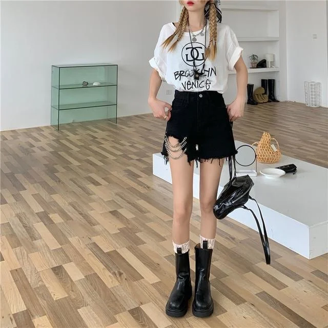 

Chain denim shorts women's summer spice girl's waist side exposed hollow heart machine hot pants