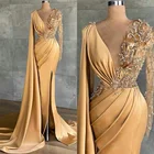 Женское вечернее платье, двубортное платье с золотистым поясом, длинными рукавами, для выпускного вечера, на заказ