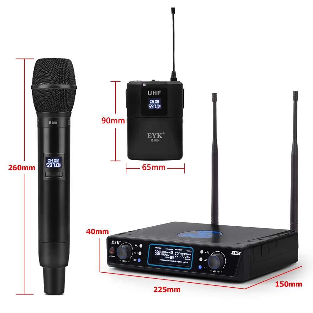 EYK E100 Двойной передатчик UHF беспроводной микрофон с ручной+ поясной пакет+ лацканы+ гарнитура микрофон для караоке церкви Youtube