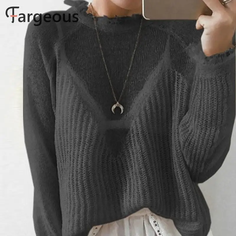 Женский трикотажный пуловер с кисточками однотонный джемпер вырезами в стиле