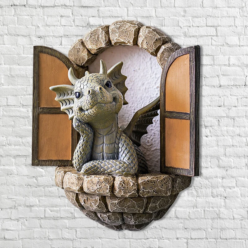 

Hot Lovely Courtyard Dragon Sculpture Resin Window Shape Statue Wall Art Home Outdoor Decoration