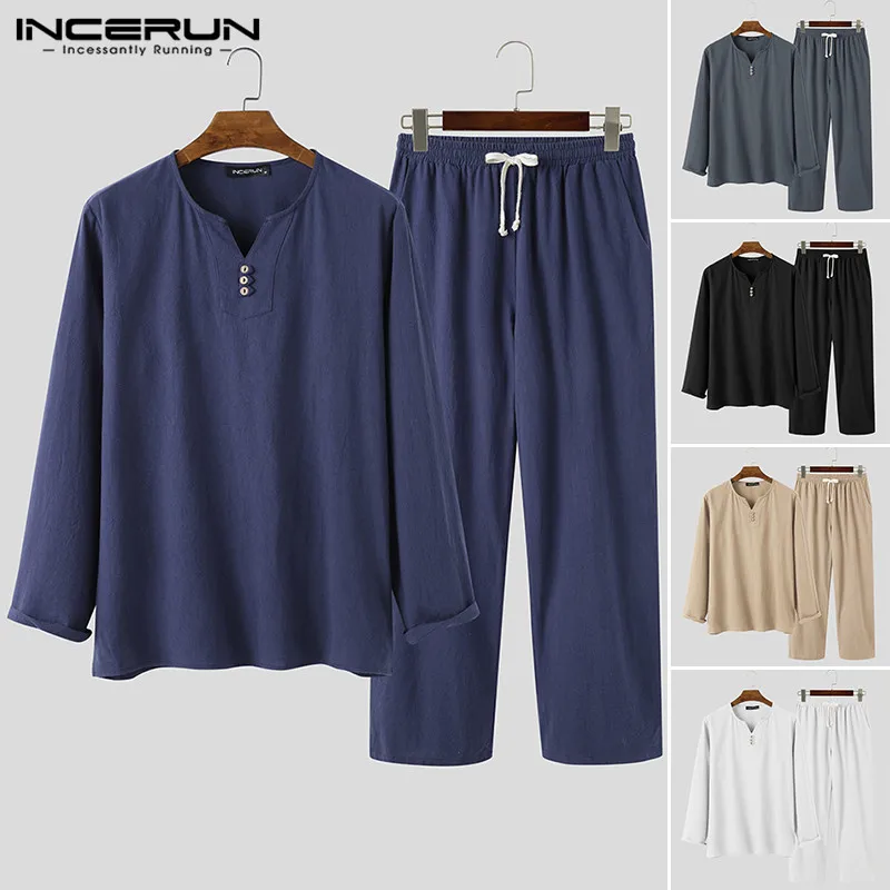 

Chinese Style Cotton Sets INCERUN Vintage Solid Suits Men Long Sleeve V Neck Tops Drawstring Pants 2 Pieces Man Autumn Suits 5XL