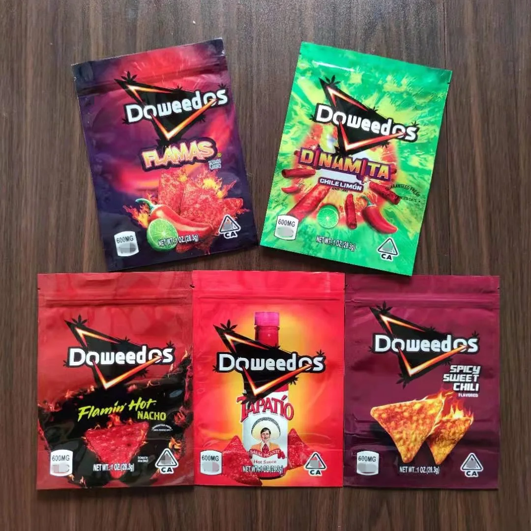 

Doweedos mylar bags flamin hot nacho dinamita flamas tapatio spicy sweet chili edibles packaging weed bag