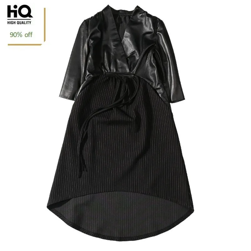 2020 Spring Women Genuine Leather Dress Black Long Sleeve Elegant High Waist Vintage Real Sheepskin Ladies Clothes | Женская одежда