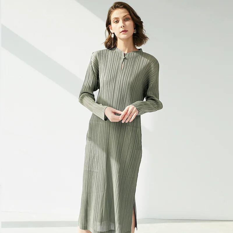 Dress For Women 45-75KG 2022 Autumn Stand Collar Long Sleeved Miyake Pleated Elastic Loose Cheongsam Clothes